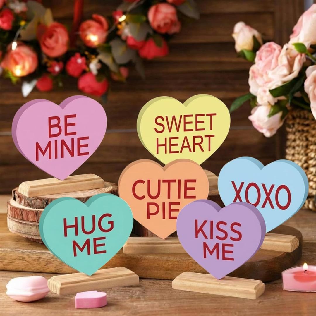 Yousoontic 6 Pcs Valentines Day Heart Wood Sign Love Heart Candy Tabletop Centerpiece Colorful Conversation Hearts Wooden Block Table Decorations for Wedding Party Office Tiered Tray Home Shelf Gift