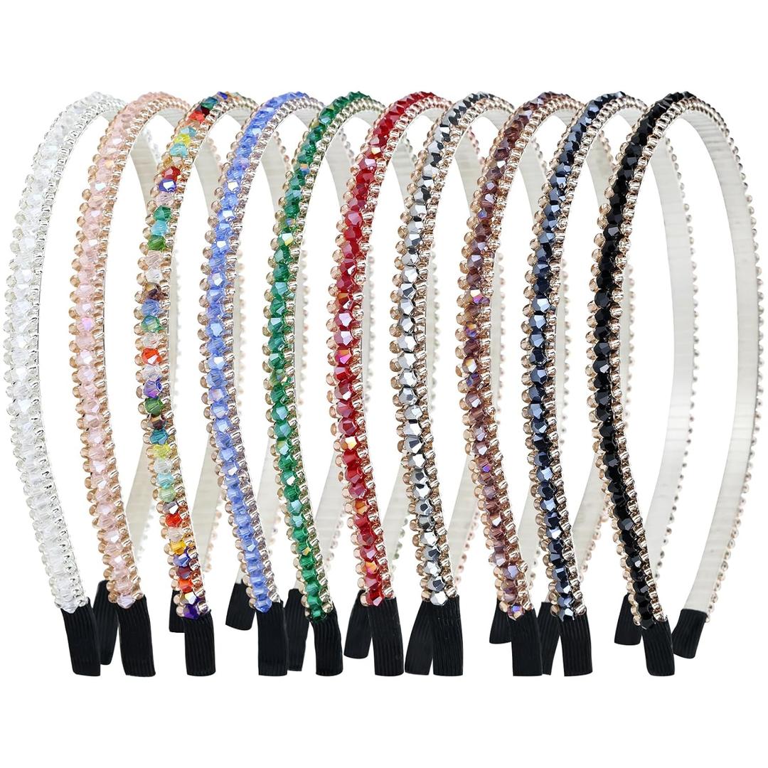 Lawie 10 Pack Crystal Rhinestone Headband, Glitter Sparkly Fancy Jeweled Headbands for Women, Skinny Elastic Metal Hair Bands with Fabric Ends, Fashion Headbands for Girls, Daily Work