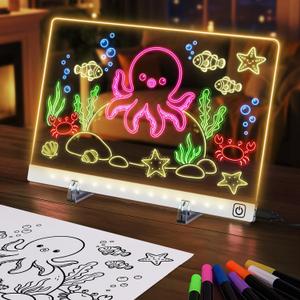 LED Drawing Board with 7 Colors & 3 Light Modes - Rechargeable Glow Doodle Board, Includes 7 Markers + Tracing Book, Dry Erase Note Boards, Halloween Christmas Birthday Gifts for Kids (7.9"x11.8")