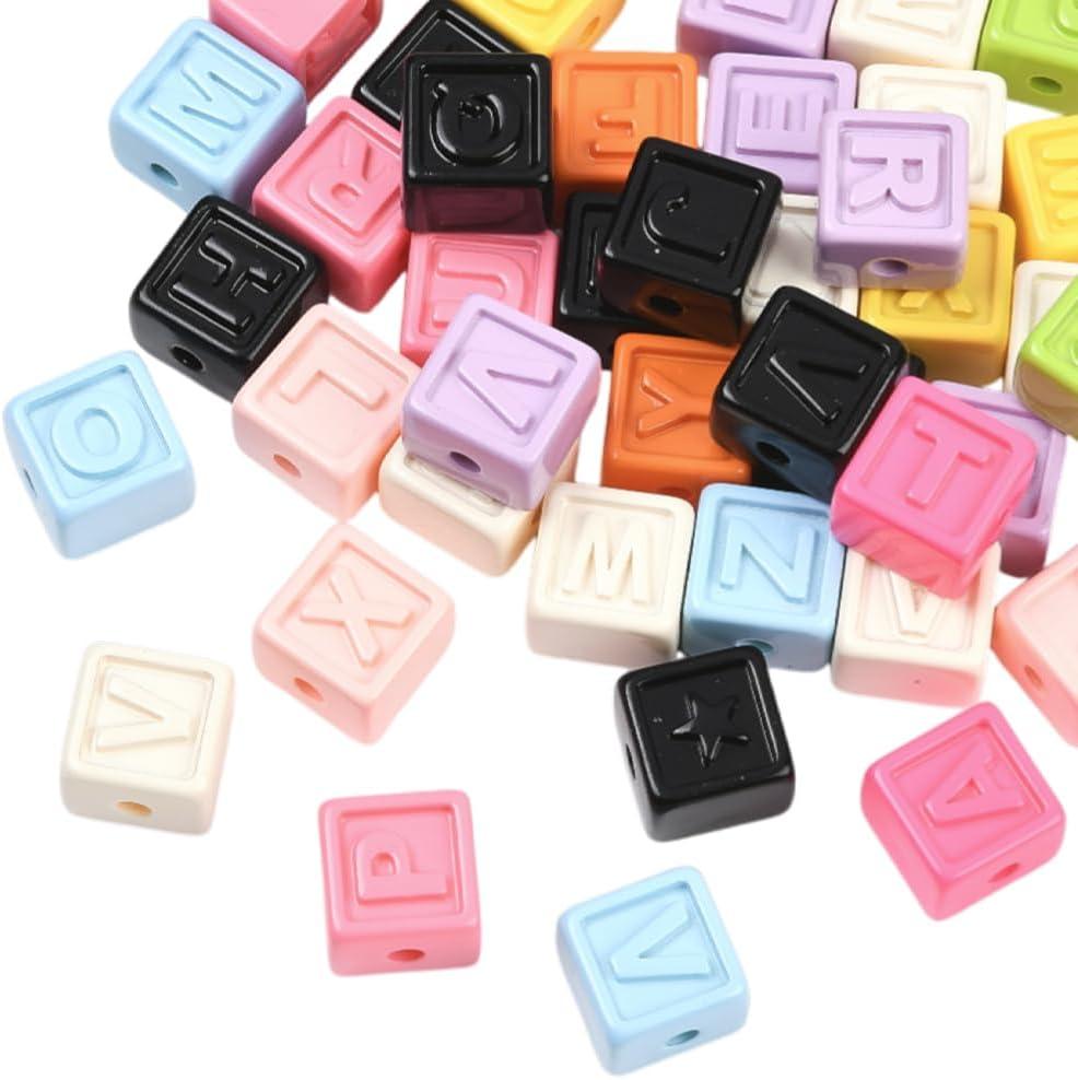 50Pcs Cube Letter Beads Acrylic Alphabet Bead 18x18mm Multicolor Random Capital Letters Initial Pattern Charms Loose Spacers for Jewelry Making Crafts Necklaces Keychains Bracelets Bag Decor