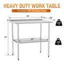 ​​HOCCOT Stainless Steel Table 30" x 36" with Adjustable Undershelf and Backsplash, Commercial Metal Workstations for Kitchen, Garage, Outdoor BBQ