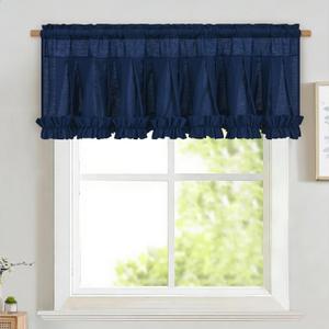 Likiyol Linen Valances for Windows Farmhouse Window Valances with Ruffle Rustic Country Light Filtering Kitchen Valance Curtains Rod Pocket Valance for Bathroom Cafe, Navy Blue, 52" W X 18" L