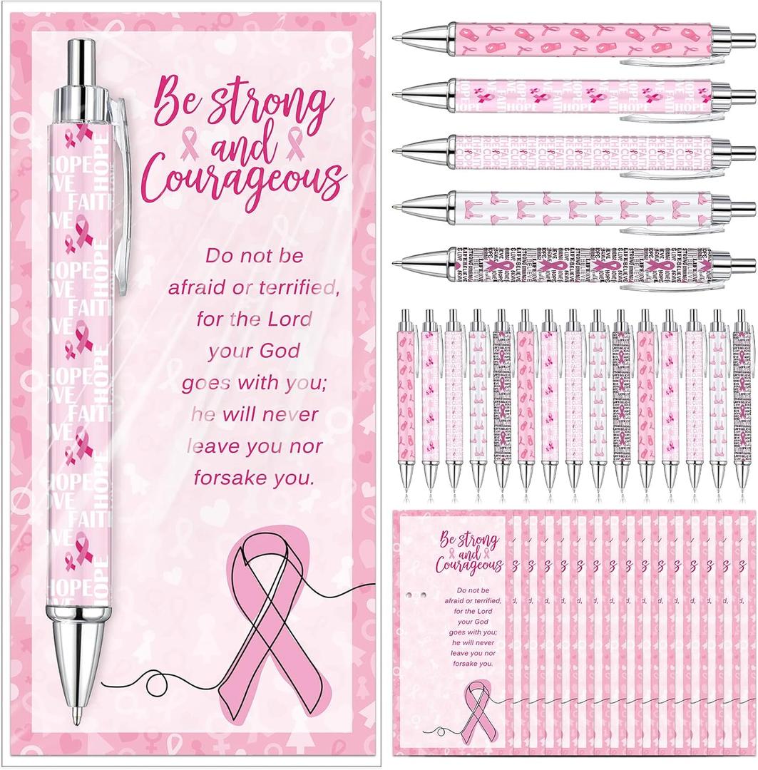 50 Set Breast Cancer Awareness Pens Bulk Pink Ribbon Ballpoint Pens with Motivational Cards Bags Breast Cancer Awareness Accessories Items for Women Survivor Public Events Gift Supplies