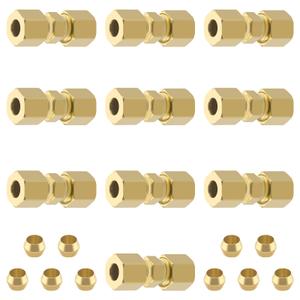 Brass Tube Pipe Compression Fitting, 10 Pcs 1/4" Tube OD x 1/4" Tube OD Ice Maker Water Line Compression Union Connector & 10 PCS Compression Sleeves Ferrules