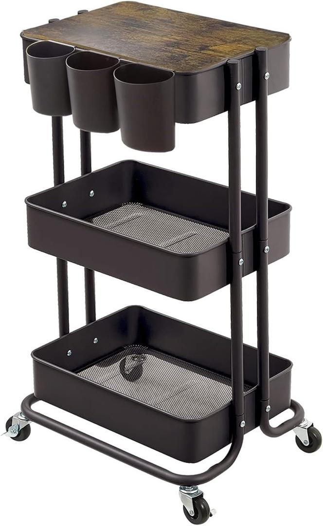 3-Tier Metal Utility Rolling Cart Storage Side End Table with Cover Board and Handle for Office Home Kitchen Organization, Black