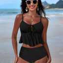 Edelqual Women's Tankini Swimsuits Two Piece Tummy Control Flowy Bathing Suit Tie Swim Top High Waist Bottom Swimwear (Black, L)