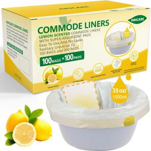 Commode Liners with Absorbent Pads for Bedside Commode, 100 Lemon Scented Bedside Commode Liners and 100 Commode Pads, Commode Toilet  Camping Toilet Bags