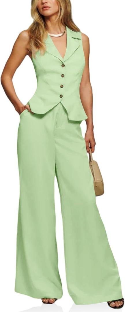 Cicy Bell Womens Vest Sets Summer 2 Piece Outfits Button Crop Blazer Vest and Wide Leg Pant Suits, Small, Light Green 