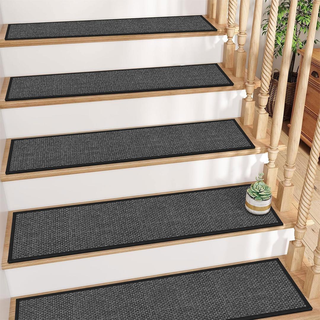 GOYLSER Jute Stair Carpet Treads Non Slip with Rubber Backed,15Pcs Indoor Black Stair Mats, Basement Safety Stick On Stair Rug Step Pads, 30"x8" GOYLSER Jute Stair Carpet Treads Non Slip with Rubber Backed,15Pcs Indoor Black Stair Mats, Basement Safety Stick On Stair Rug Step Pads, 30"x8"