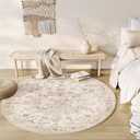 5x5 Washable Neutral Round Rug Beige Vintage Entryway Kitchen Cirlce Rug Non-Slip Soft Low Pile Farmhouse Indoor Carpet for Entrance Bathroom Dining Room