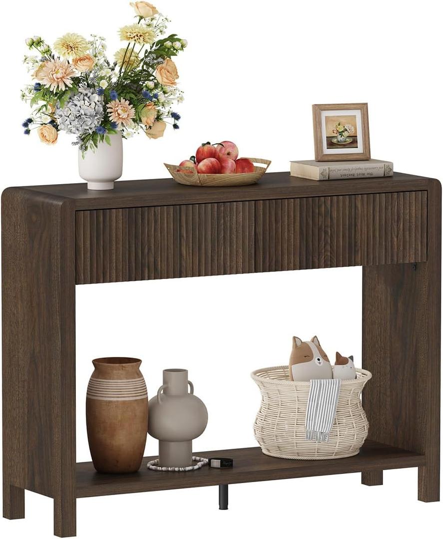 FATORRI Console Entryway Table, Narrow Wooden Sofa Table with 2 Drawers, 39.37 inch Modern Foyer Tables and Couch Tables Behind Sofa for Living Room, Hallway (Dark Walnut)