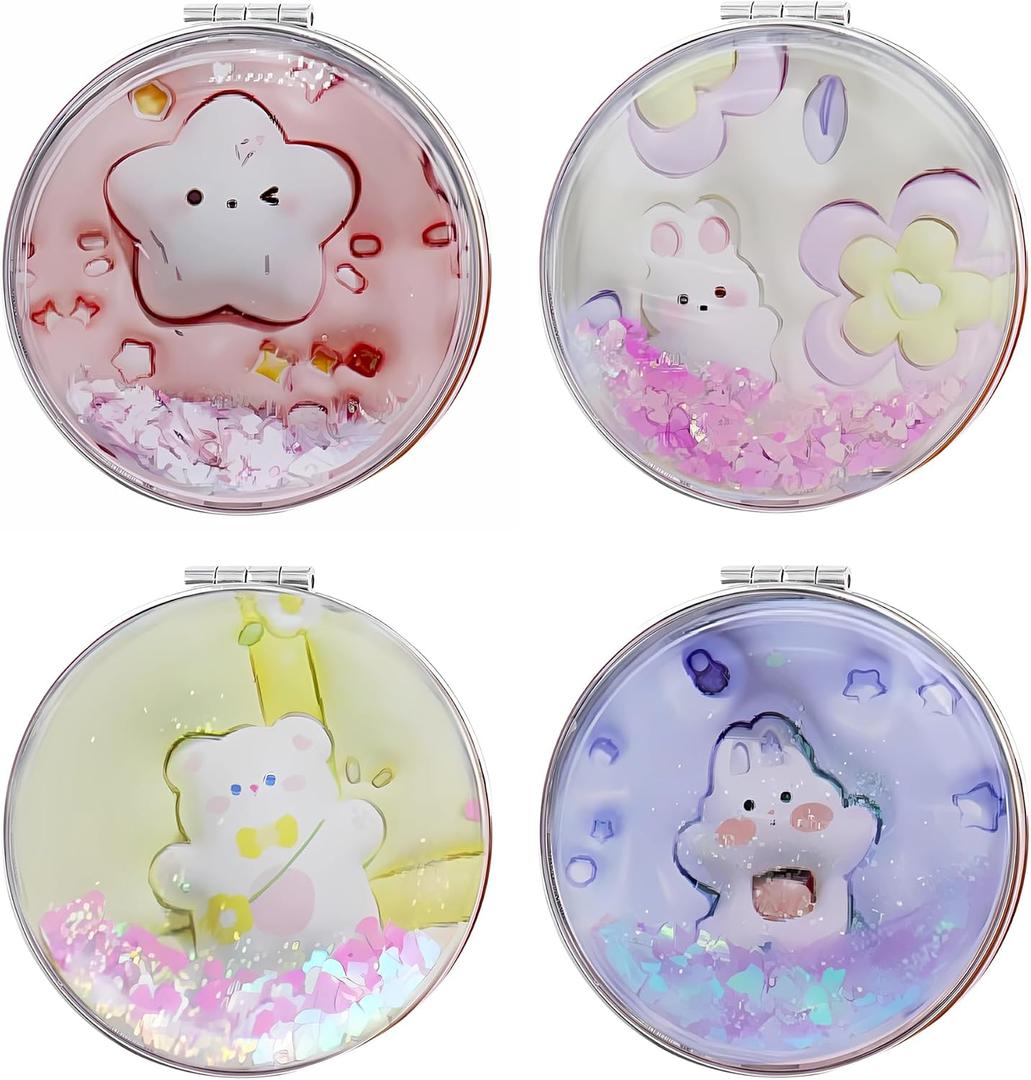 Cute Bunny 4 Pcs Pocket Mirror Kits for Purse, Quicksand Portable Small Travel Makeup Mirror with 1X/2X Magnifying, Square Foldable PU Leather Cosmetic Mirror for Children and Girls