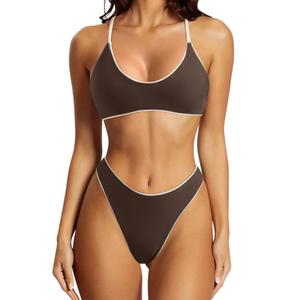 SUUKSESS Women High Waisted Thong Bikini Set Reversible String 2 Piece Swimsuit (Small, 56 Beige Brown)