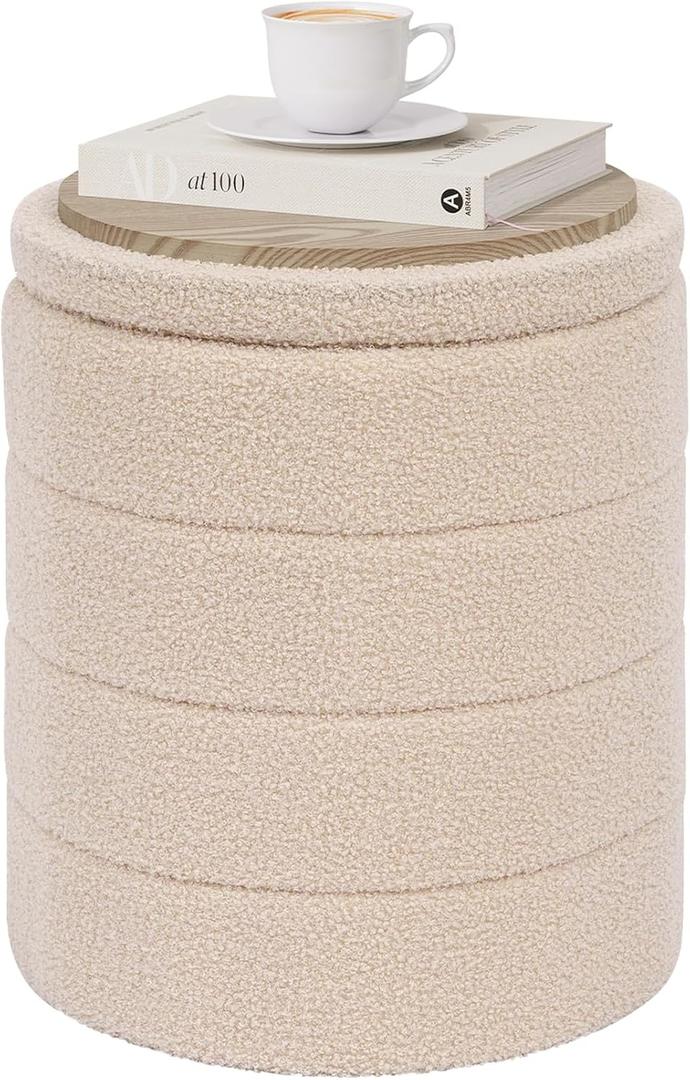 PINPLUS Round Storage Ottoman Foot Rest Stool with Tray Velvet Sherpa Folding Storage Ottoman,Boucle Foot Rest for Living Room, Bedroom, Dorm（Beige）, 14.6"D x 14.6"W x 17.7"H