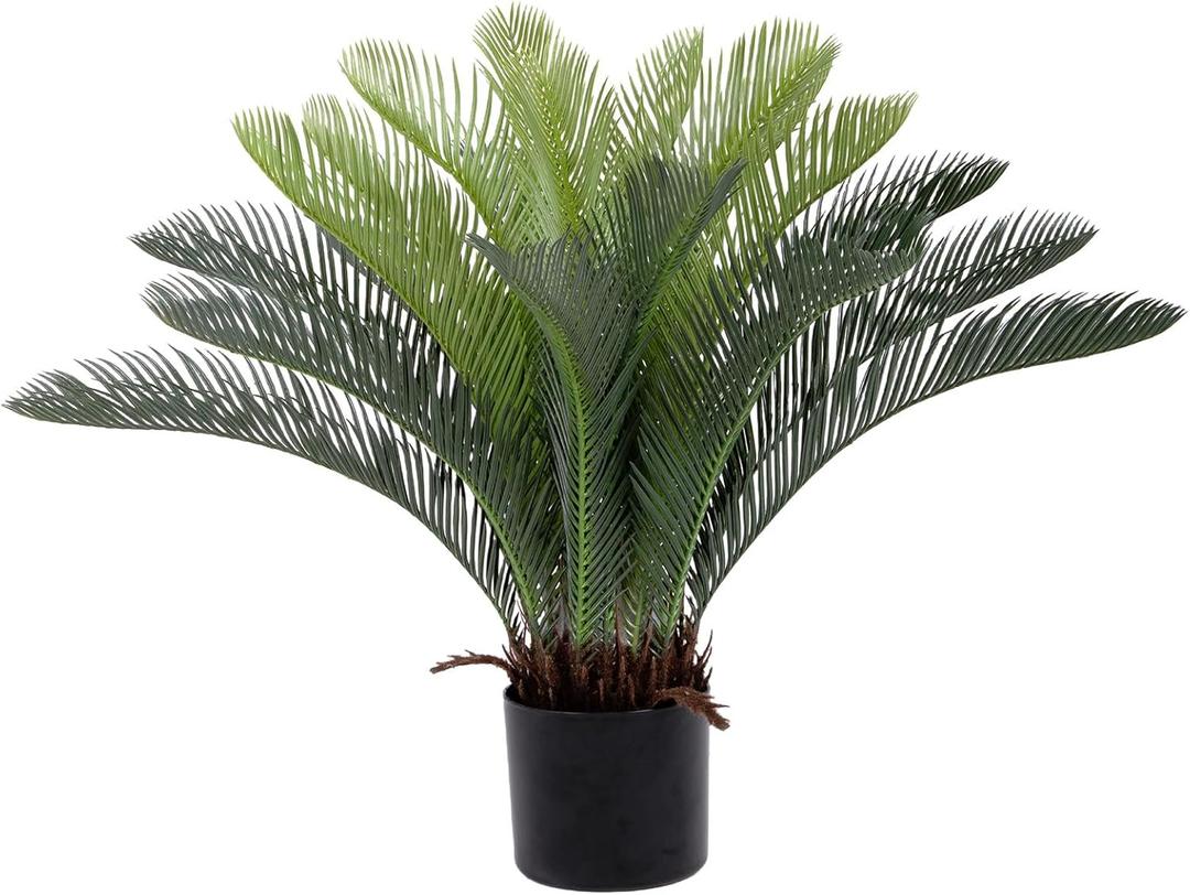 Bellacat 2ft UV Resistant Faux Sago Palm Tree with Natural & Lifelike Bark, 24in Super Full Artificial Cycad Tree with Realistic Leaves for Home Office Patio Porch Front Door Decor.