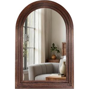 36"x24" Arched Wooden Frame Wall Mirror, Rustic Vanity Wall Mirror for Bathroom, Bedroom, Brown