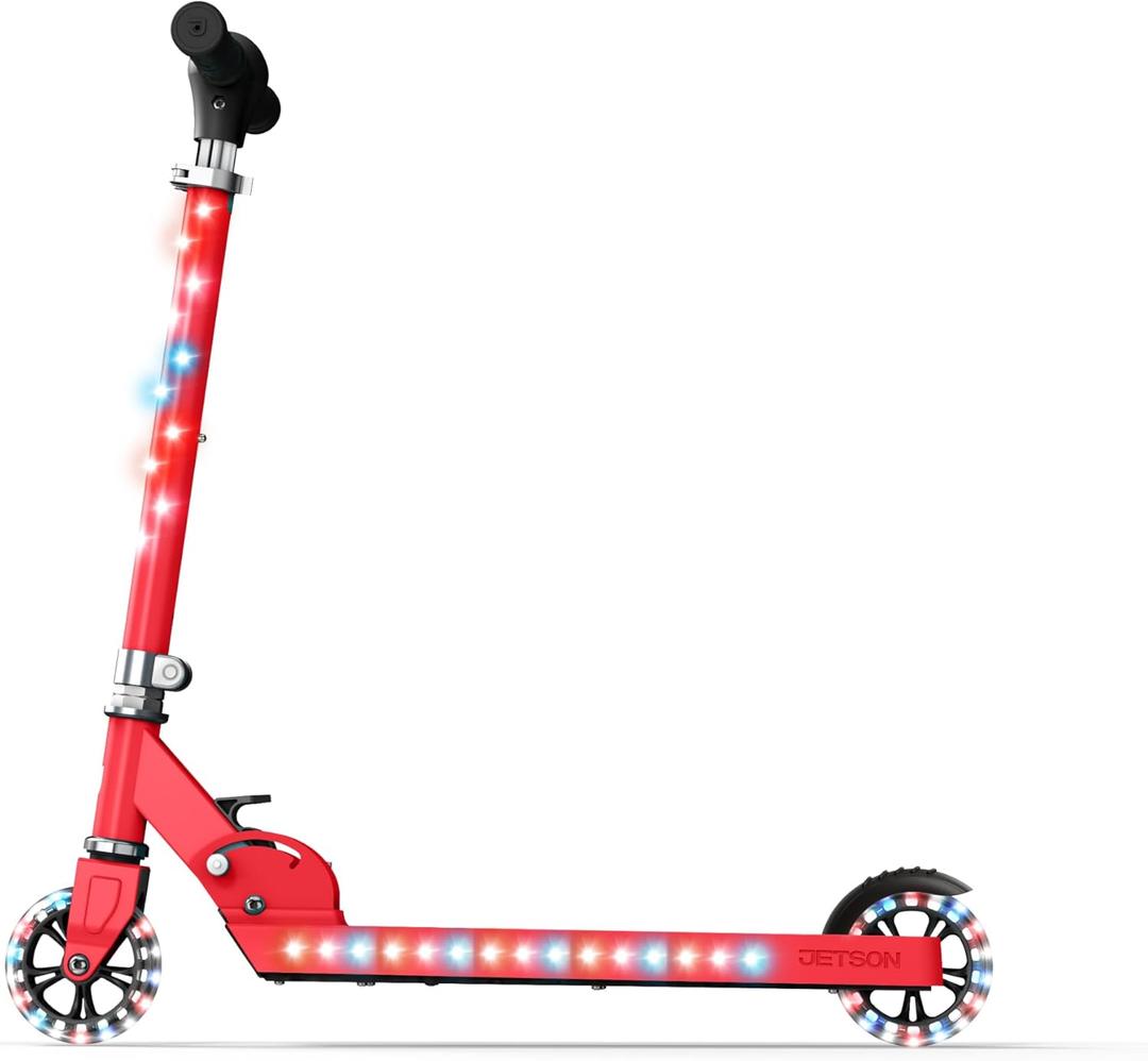 Jetson Scooters - Jupiter Kick Scooter (Red) - Collapsible Portable Kids Push Scooter - Lightweight Folding Design with High Visibility RGB Light Up LEDs on Stem, Wheels, and Deck