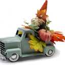 Vintage Turquoise Metal Truck with Gnomes Pumpkin Maple Leaf Farmhouse Table Top Fall Decor, Autumn Themed Thanksgiving Old Pickup Truck Decorations for Home Table Shelf, 12 inch