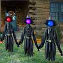 Halloween Decorations Outdoor 5 FT Set of 3 Light Up Witches Holding Hands Witches with Stakes,Scary Screaming Variable Glowing Face Witches for Spooky Garden Statue Decoration Lawn Patio Decor (BK)