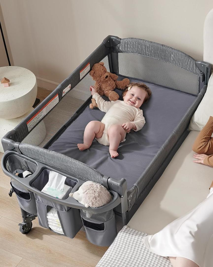 4 in 1 Baby Bassinet Bedside Sleeper, 4 Functions Crib, Playard, Portable Changing Table, Bassinet for Newborn Baby, Bedsaide Bed w/Wheels&Brakes (Dark Gray)