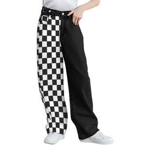 SANGTREE Womens Wide Leg Jeans Elastic Waist Denim Pants Baggy Jeans for Womens Color Block L (Black, L)