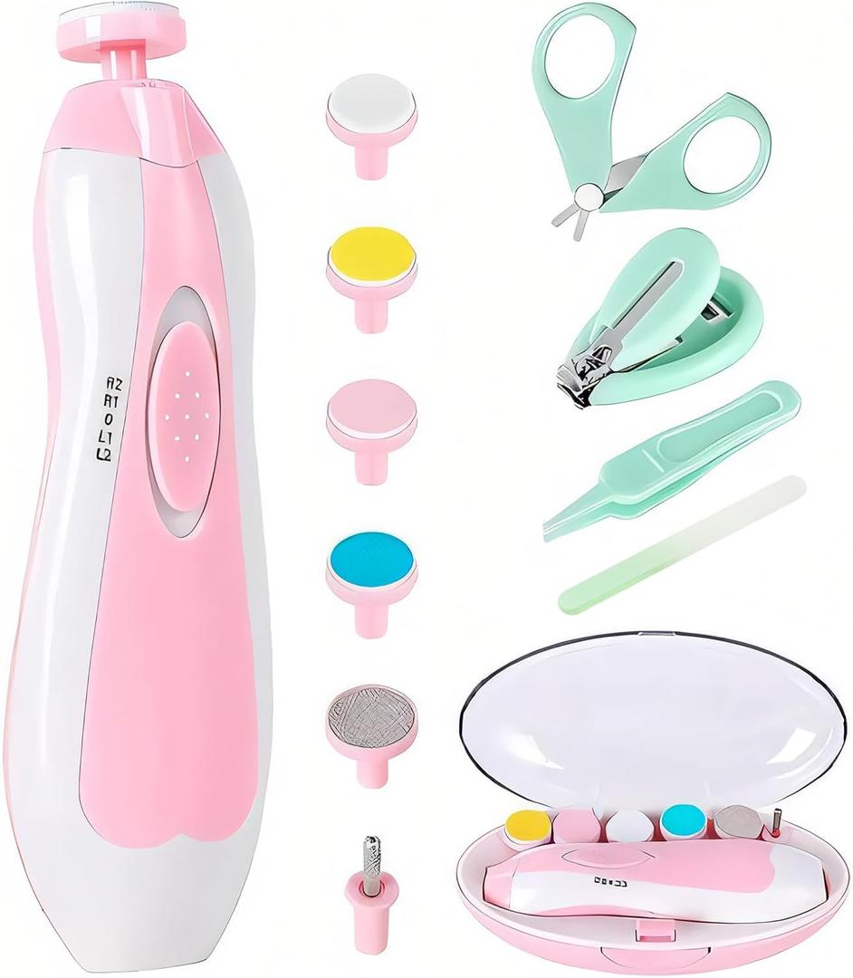 Qunlions life Baby Nail Trimmer Electric-12 in 1 Baby Nail Clippers Safe Baby Nail File Kit with a Nail Clipper, Scissor, Tweezers, and Nail Files (Pink+four Accessories)