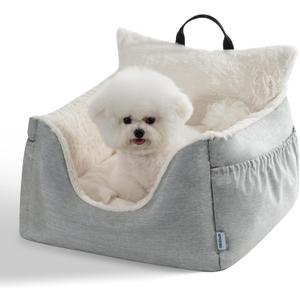 Milk and Soda Small Dog Car Seat Bed for Small Dogs Under 20 LBS with 2-Sided Pillow, Side Pockets, Built-in Leash, Machine Washable Cover, Light Gray (Gray, Small)
