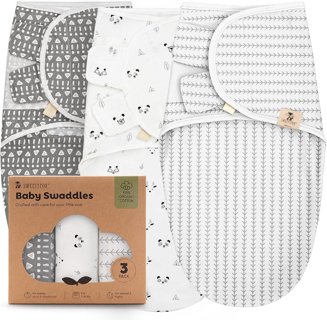 Sweety Fox 3-Pack Organic Baby Swaddle Sleep Sacks - Swaddles for Newborns, Infant 0-3 Months, Baby Girls, Boys, Soft & Snug Newborn Sleep Sack, Nursery Swaddling Blankets, Velcro Closure (Forest)