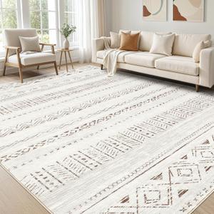 cotiled 7x9 Area Rug Living Room: Washable Boho Rugs with Non Slip Backing Large Soft Indoor Stain Resistant Carpet for Bedroom Farmhouse Dining Room Lightweight Home Decor L Brown/Cream