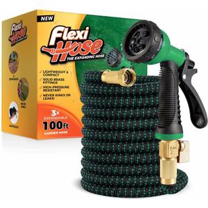 Flexi Hose with 8 Function Nozzle, 100FT - Lightweight Expandable Garden Hose, No-Kink Flexibility, 3/4 Inch Solid Brass Fittings and Double Latex Core - Black and Green