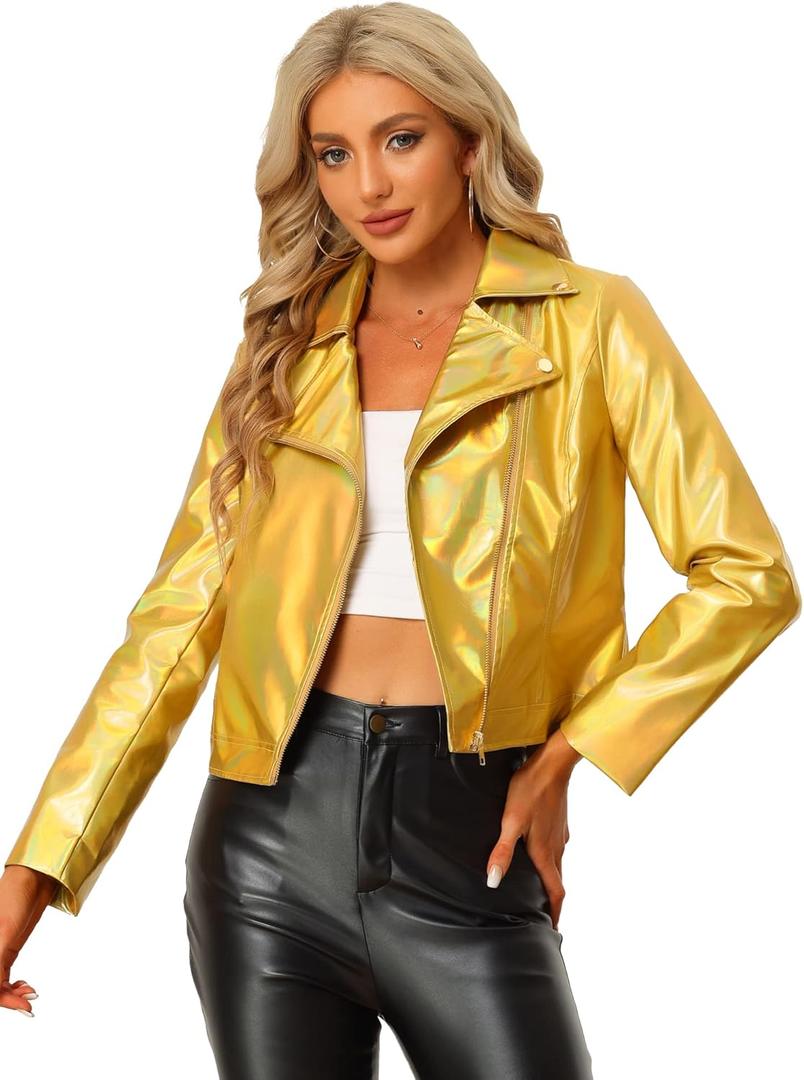 Allegra K Holographic Metallic Jacket for Women's Biker Shiny Jacket (Large, Gold)