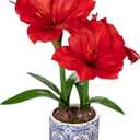 Briful Red Amaryllis Artificial Flowers in Blue Ceramic Pot 18.1" Faux Amaryllis Flower Arrangement with Decorative Bulbs Moss for Home Office Bathroom Table Shelf Décor