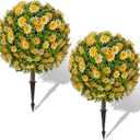 25" Artificial Topiary Ball Fall Tree with Yellow DaisyFake Mums Plants with Ground SpikeSet of 2 UV Resistant Faux Bushes, Fake Shrubs for Garden, Patio, Porch, Yard, Indoor (Orange)