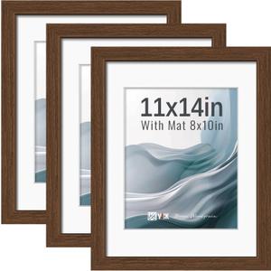 VCK 11x14 Picture Frames Brown 3 Pack, Wide Border Wood, Tempered Glass, Display 8x10 Poster Photo with Mat or 11 x 14 Without, for Home, Office, Gallery, Woodgrain Series, Wall Hanging