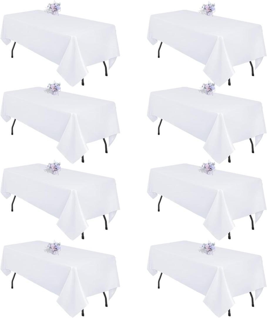 8 Pack White Table Cloth 60x102 Inch Rectangle Tablecloths for 6 Foot Rectangle Tables, Wrinkle Resistant Washable Polyester Fabric Rectangular Table Cover for Dining Banquet Wedding Party