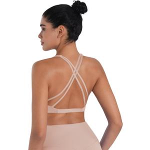 Sunzel Women's V-Neck Twist Sports Bra Low Impact with Removable Pads Cross Backless Straps Going Out Casual Padded Bralette (Large, Beige)