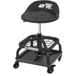 FreekyFit Rolling Shop Stool with Wheels, Garage Work Mechanic Stool with Backrest, Roller Mechanic Chair, Adjustable Height, 360° Swivel, Tool Tray Storage, 330 LBS Capacity, Heavy Duty, Black (16.7"D x 16.7"W x 19.5"H)