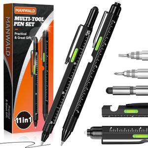 11-in-1 Multitool Pen Set with LED Light, Flathead & Phillips Screwdrivers, Level, Ruler, Bottle Opener, and Stylus, Christmas Stocking Stuffers for Men Adults, Gifts for Him, Husband, Black (Orange)