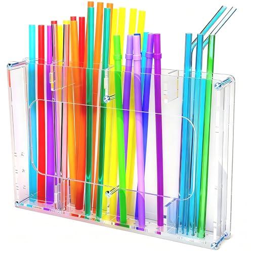 BOLEISE Straw Holder for Cabinet Door & Wall – Acrylic Straw Organizer Storage Box for Reusable Straws, Coffee Sticks, Space Saving Kitchen Organizer