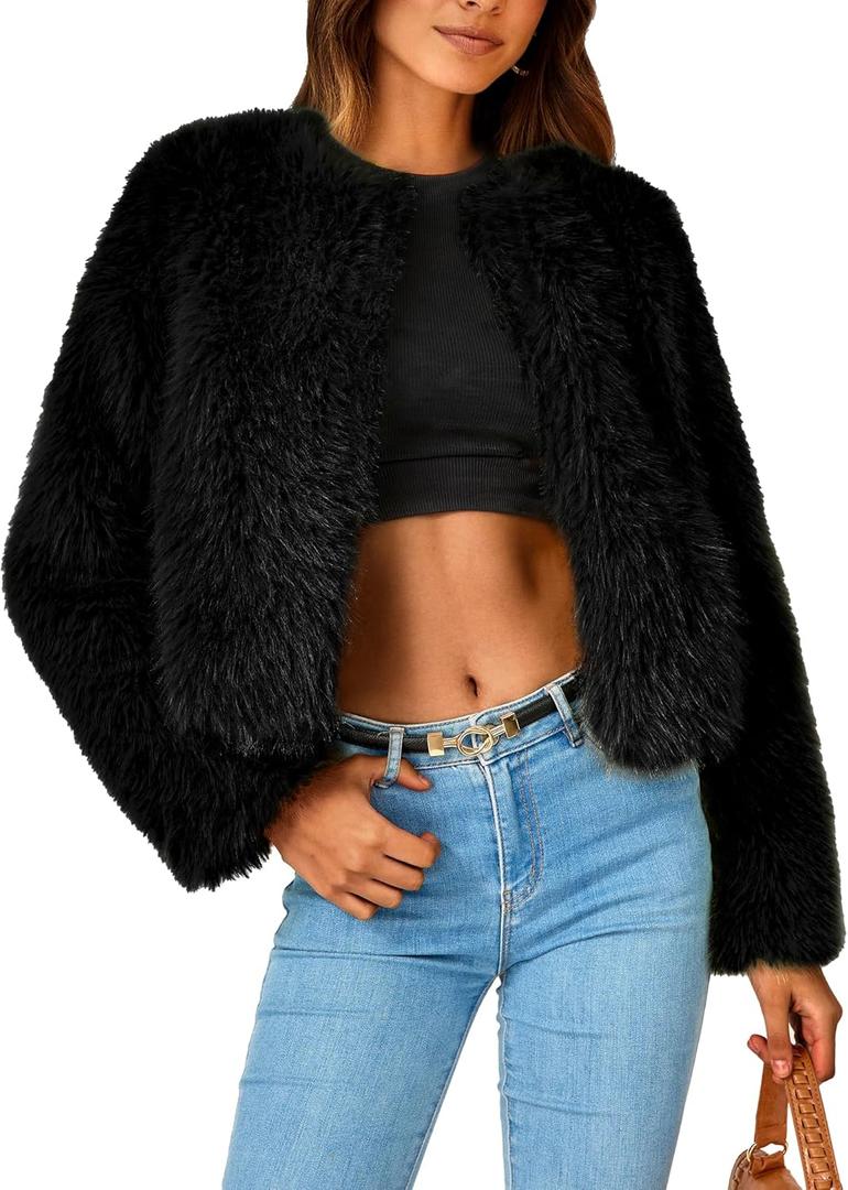 PRETTYGARDEN Women's 2026 Winter Coats Fleece Cropped Jacket Faux Fur Long Sleeve Pockets Shaggy Warm Outerwear Fall Clothes (Large, Black)