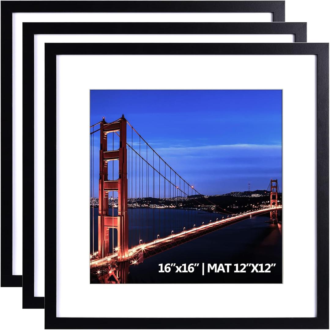 Yaetm 16x16 Picture Frame Black Set of 3, Square 16x16 Frame Displays 12x12 with Mat or 16 x 16 without Mat, Gallery Wall Frames for Wall Mounting (3 Pack, Black)