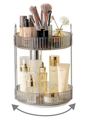 Asayuee 360 Rotating Makeup Organizer,2 Tier Large Capacity Make Up Organizers and Storage,Skincare Perfume Vanity Organizers,Bathroom Cosmetics Storage Organizer Countertop(Grey)