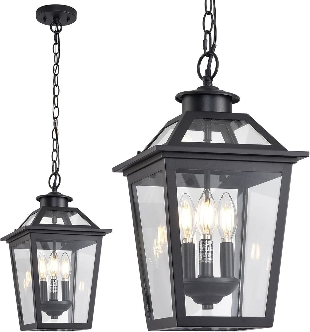 Large Outdoor Pendant Light Fixtures 3-Light Black Exterior Hanging Lantern with Clear Glass Outside Chandelier for Porch Front Door House, 9.45 inches x 9.45 inches x 17.1 inches