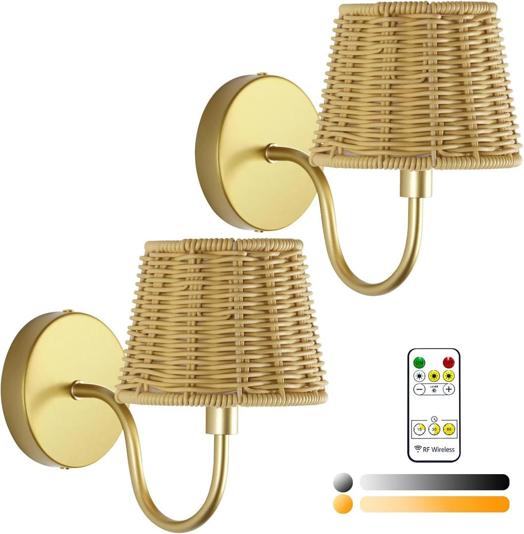 Battery Operated Wall Sconce Set of 2, Rechargeable Wireless Rattan Wall Sconces with Dimmable Detachable Magnetic Bulbs and Remote, 3 Colors Wall Lights for Bedroom Living Room Hallway (7 Inch, Gold)