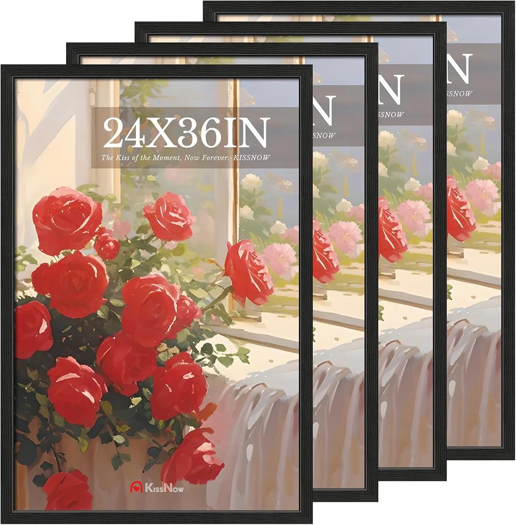 24x36 Poster Frame 4 Pack, Textured Black Solid Wood Picture Frame, Wall Hanging