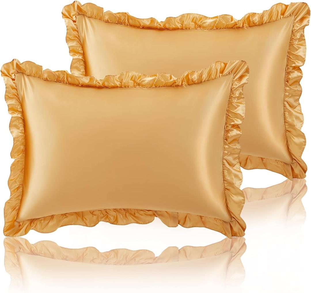 SiinvdaBZX Ruffled Queen Satin Pillowcase Set of 2, Gold Silky Satin Pillow Cases for Women Ruffle Pillow Shams Covers Princess Room Decoration, with Envelope Closure