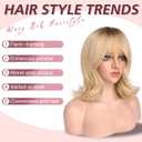 Haloo Blonde Short Bob Wigs with Bangs Shoulder Length Wavy Layered Flipped Ends Natural Looking Medium Synthetic Hair Wig for Women Daily Party, 14 Inch Ombre Blonde