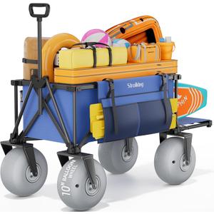 51" Beach Wagon with 10" Inflatable PU Balloon Wheels, 440LBS Heavy Duty Beach Cart with Rear Tailgate, Air-Adjustable Foldable Wagon for Sand, Blue (Pump Included)