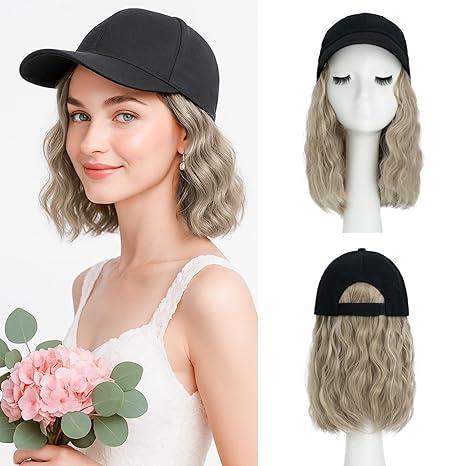 SEGO Hat Wig, Hat with Hair Attached for Women Black Baseball Cap with Hair Extensions, Short Curly Baseball Cap Wig Adjustable Hats for Daily Party 8 Inch #16P613 Ash Blonde