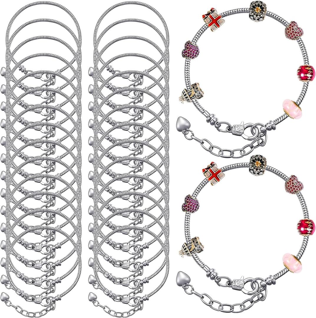 Hicarer 20 Pcs Chain Bracelet for Jewelry Making Women DIY Adjustable Snake Charm Bracelet with Heart Shape Extender Chain, Silver 